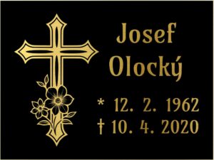 Nápisová deska na náhrobek s motivem kříže a květiny